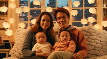 ett asiatisk familj med deras bebis i de levande rum. generativ ai foto