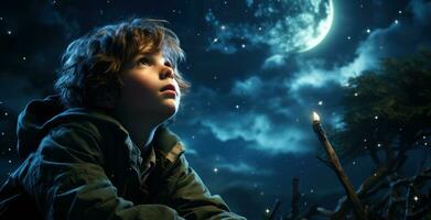 liten pojke gazing genom på de natt himmel.. generativ ai foto
