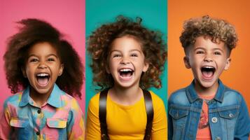 Lycklig barn Framställ i främre av färgrik bakgrund. generativ ai foto