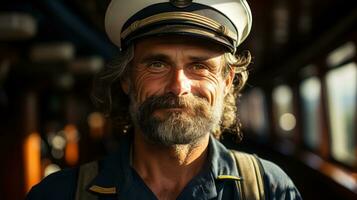 sjöman i en skjorta med en nautisk keps.. generativ ai foto