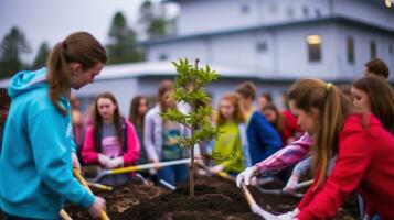 ung aktivister plantering träd i en gemenskap trädgård.. generativ ai foto
