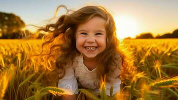 en skrattande liten flicka i en vete fält.. generativ ai foto