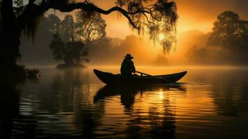 person i en båt paddling under solnedgång på en lugna sjö.. generativ ai foto