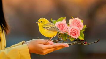 hand innehav en fågel med rosa rosor.. generativ ai foto