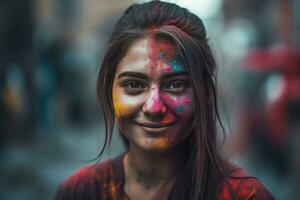 ung flicka holi. generera ai foto