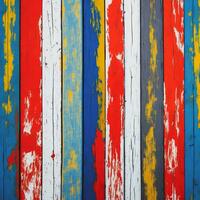 textur av årgång trä styrelser med knäckt måla av vit, röd, grön och blå Färg. generativ ai foto