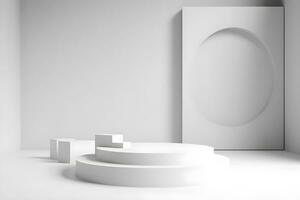3d framställa av vit runda podium på de trä- golv i de modern rum. ai generativ illustration. podium för produkt skjuta. marmor , växt, minimal visa för produkt. foto