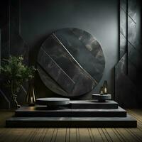 svart sten cirkel podium piedestal produkt skede plattform 3d bakgrund. generativ ai foto