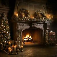 öppen spis med jul träd dekorationer, ljus och presenterar. mysigt jul Hem. ai generativ. foto