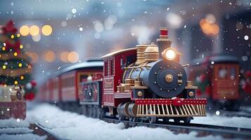 ai generativ jul leksak tåg i de snö. jul och ny år bakgrund. foto