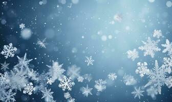 ai genererad faller snöflingor på blå bakgrund. suddig snöflingor. jul bakgrund. foto