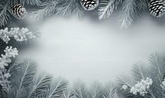 ai genererad jul bakgrund. gran gren och snöflingor ram. Plats för text. foto