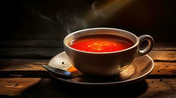 ai generativ kopp av varm tomat soppa med ånga. kopp av soppa på trä- tabell. foto