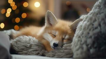 söt liten räv sovande på soffa i rum med jul träd och lampor ai genererad foto