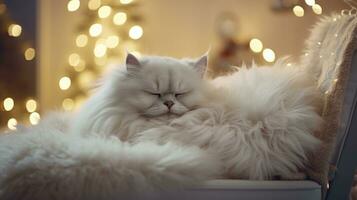 ai genererad söt katt sovande på soffa i levande rum på jul tid foto