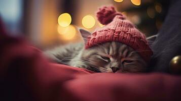 ai genererad skön sibirisk katt i röd jul hatt sovande på soffa på Hem foto