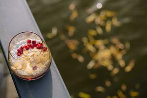 chia pudding eras vackert dekorerad med granatäpple och mandel foto