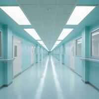 sjukhus korridor med dörrar till de avdelningar. medicinsk institution begrepp. ai genererad foto