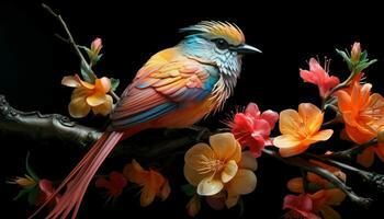 skön färgrik fågel Sammanträde på gren med blommor isolerat på svart bakgrund foto