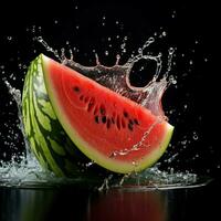 vattenmelon med vatten stänk på svart bakgrund. färsk frukt. generativ ai foto