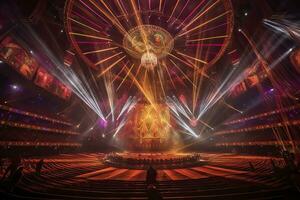 bild från inuti en stor cirkus upplyst förbi skön lampor i dess mest otrolig presentation foto