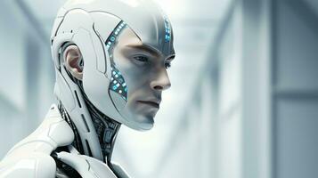 ansikte av en trogen avancerad cyborg robot manlig. ansluter man och dator med artificiell intelligens i de framtida av mänskligheten foto