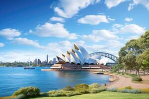 sydney opera hus och sydney hamn bro, Australien med blå himmel, skön antenn se av de sydney opera hus förbi de bukt i Australien. panorama- se, ai genererad foto