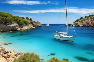 segelbåt i calanques bukt, costa brava, Katalonien, spanien, skön strand med segling båt Yacht, cala macarelleta, menorca ö, spanien, ai genererad foto