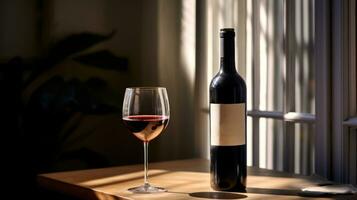 flaska av röd druva vin och glas på tabell generativ ai foto