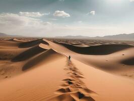 en panorama- skott av en omfattande öken- landskap med en ensam resande vandring genom de sand generativ ai foto