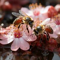 honung bi samlar nektar från blommor i vatten, närbild, 3d återges. ai generativ foto