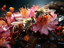 honung bi samlar nektar från blommor i vatten, närbild, 3d återges. ai generativ foto