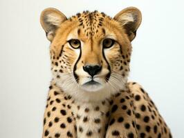 närbild porträtt av gepard i främre av en vit bakgrund med kopia Plats. studio skott. ai generativ foto