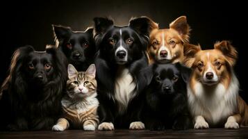 grupp av hundar och katt i en studio på en svart bakgrund. ai generativ foto