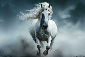 vit arab häst galopperande i damm och rök på mörk bakgrund, sida se ai generativ foto