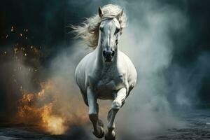 vit arab häst galopperande i damm och rök på mörk skog, sida se. ai generativ foto