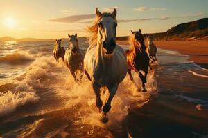 skön hästar löpning på de strand på solnedgång. hästar i de hav. ai generativ foto