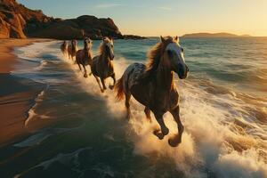 skön hästar löpning på de strand på solnedgång. hästar i de hav. ai generativ foto