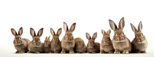 grupp av påsk kaniner i främre av en vit bakgrund. ai generativ foto