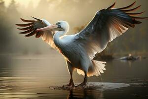 bra vit pelikan pelecanus onokrotalus i de dimmig mystiker skog, på de sjö. en stor pelikan med spridning dess vingar ai generativ foto