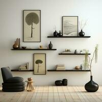 modern levande rum med bokhylla och stol, 3d framställa illustration falsk upp. ai generativ foto