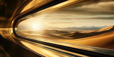 rörelse fläck av en tåg rör på sig genom de sand sanddyner på solnedgång. ai generativ foto