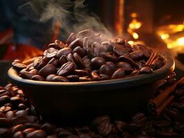 rostad kaffe bönor i en keramisk skål på en trä- bakgrund. ai generativ foto