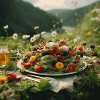 färsk vegetabiliska sallad i glas skål på trä- tabell i de skog. ai generativ foto