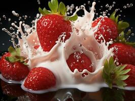 jordgubbar i mjölk stänk på svart bakgrund, närbild. ai generativ foto