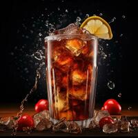 cola med is kuber och stänk på en mörk bakgrund foto