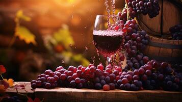 röd vin glas och vindruvor på en tunna foto
