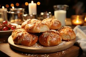 gott bullar med sesam frön på trä- styrelse foto