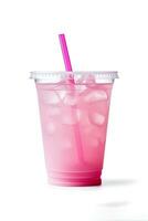 rosa dryck i plast kopp isolerat på vit bakgrund. ta bort drycker begrepp. ai genererad foto