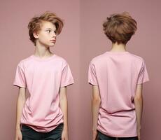 främre och tillbaka visningar av en liten pojke bär en rosa t-shirt. ai genererad foto